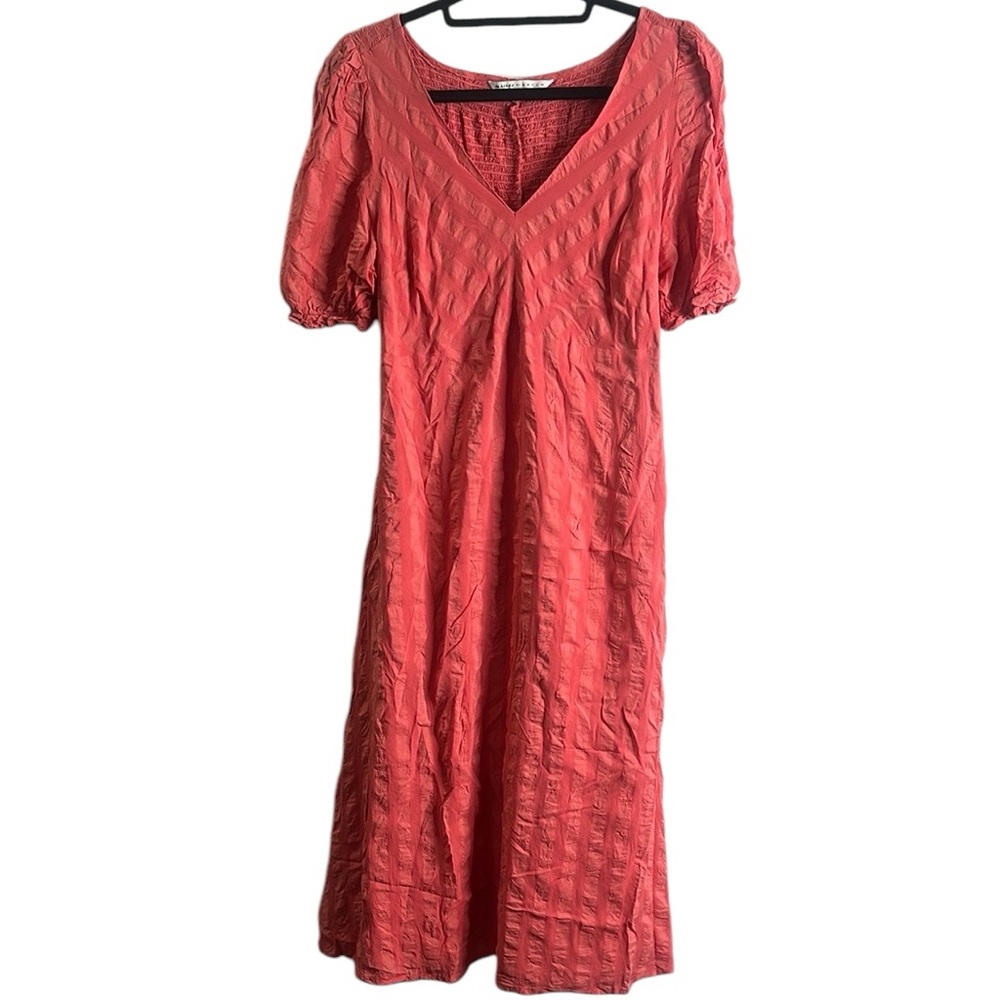 Nines by hutch coral pink stripes midi dress size small vneck smocked back - Picture 3 of 10